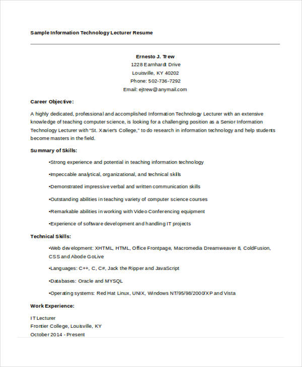 it lecturer resume