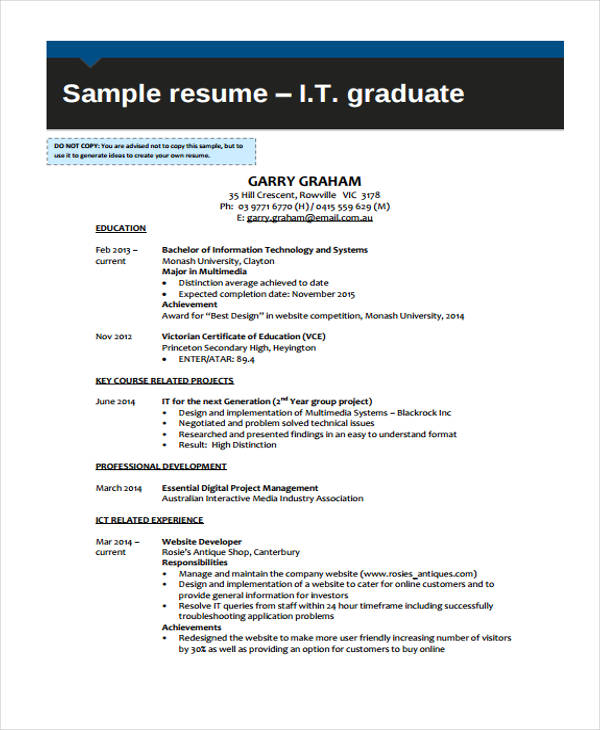 resume sample for information technology fresh graduate