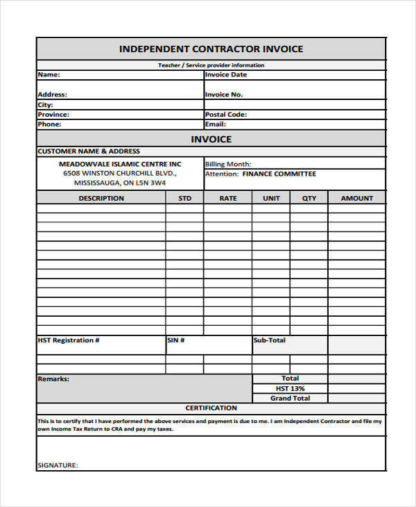 invoice for contract work template