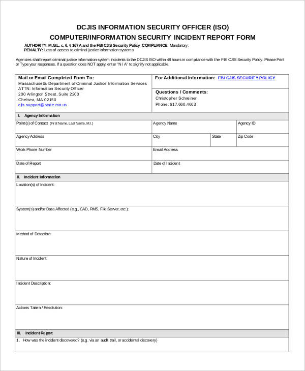 information security incident report form