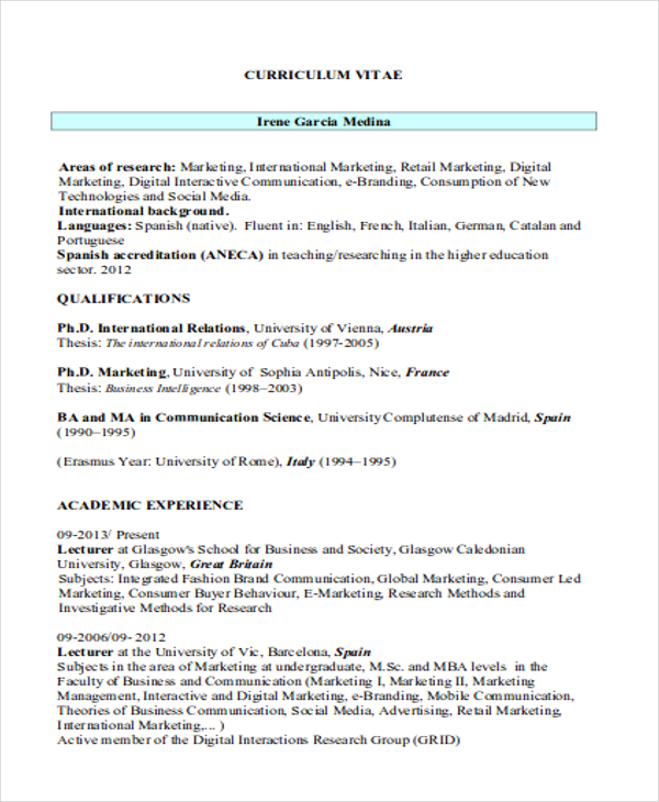 13+ International Curriculum Vitae - Sample, Example Format Download