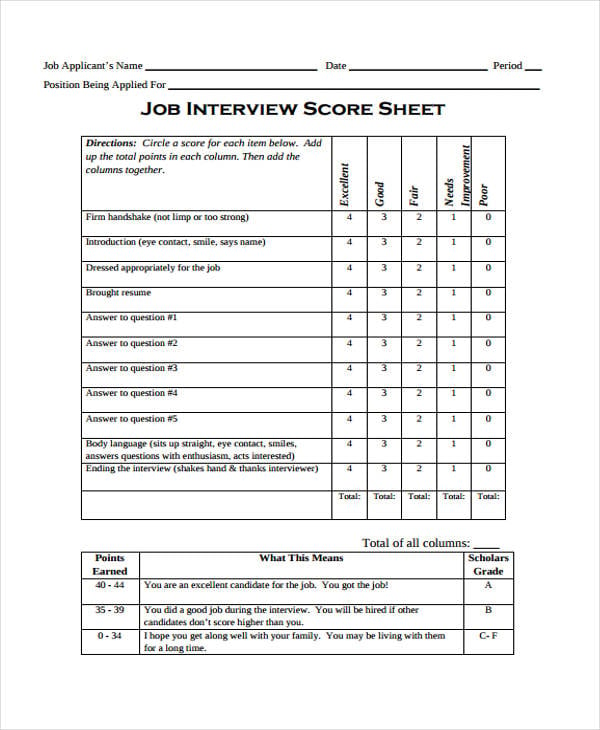 Printable Sample Interview Score Sheet Template Printable Templates
