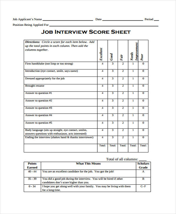 Interview Scoring Sheet Template