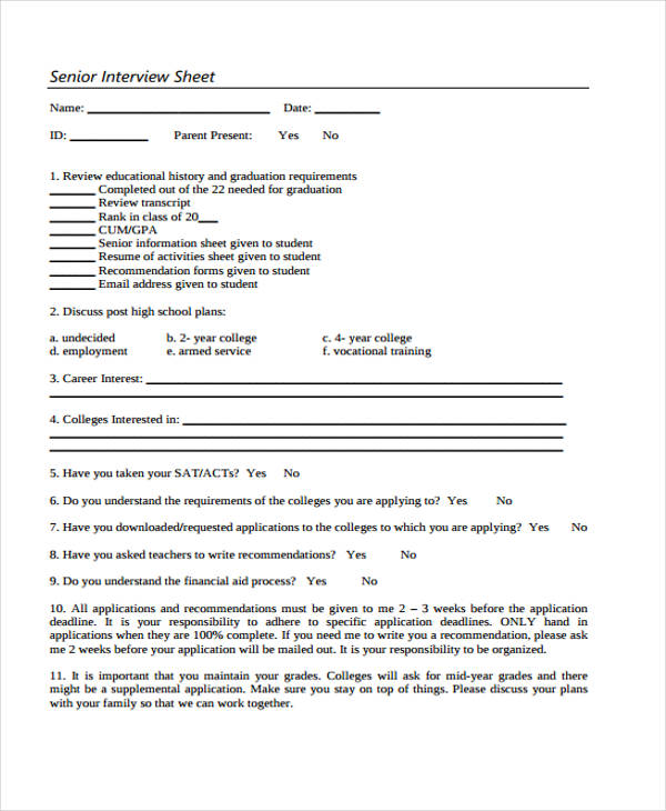 9+ Interview Sheet Templates in Google Docs | Google Sheets | MS Excel ...