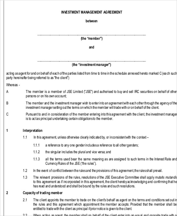 48 Sample Agreement Templates Word PDF   Investment Management 