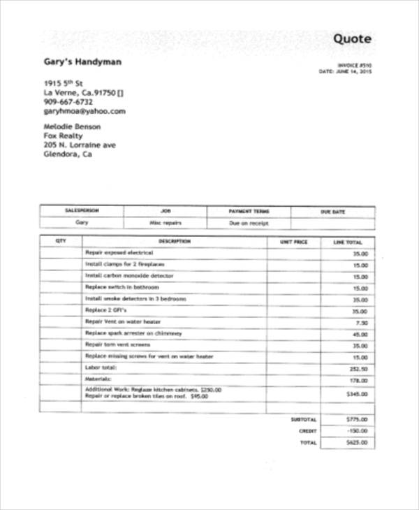 6 Handyman Invoice Template Free Sample Example Format