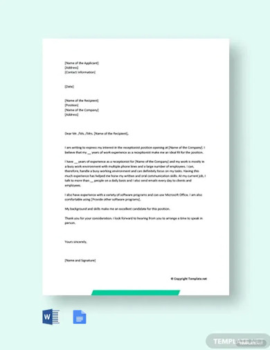 job application letter for receptionist position template