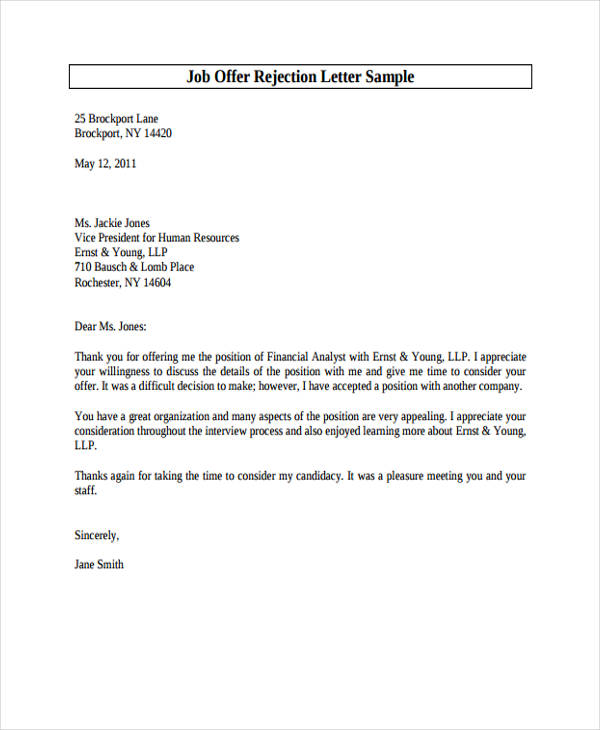 job offer rejection letter