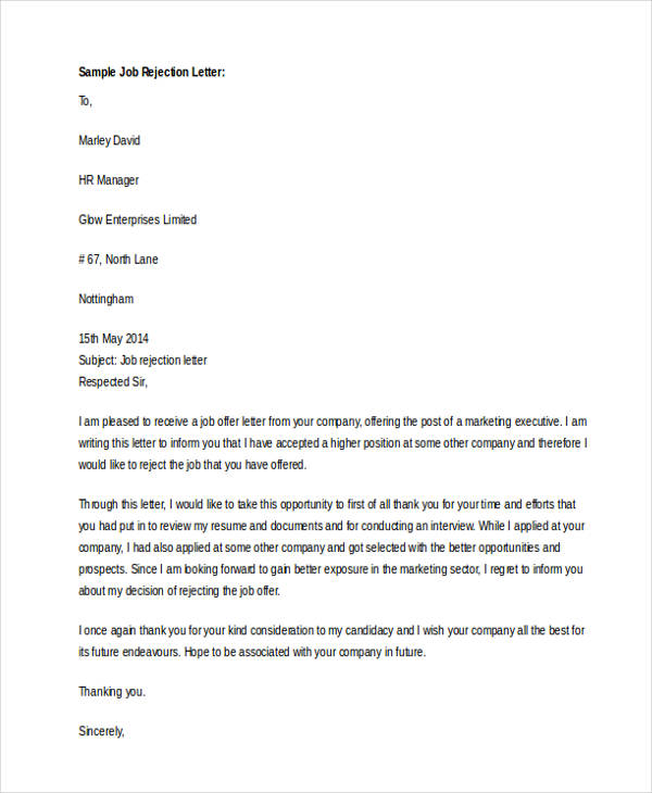 Polite rejection letter to vendor
