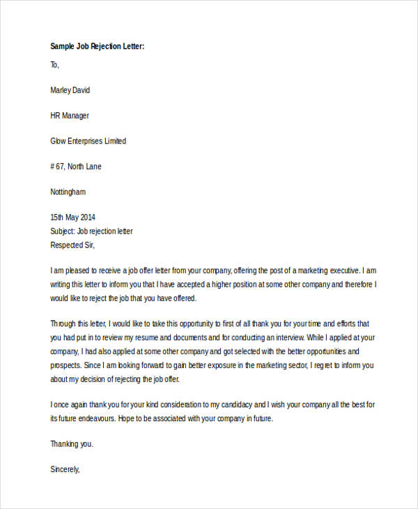 job rejection letter