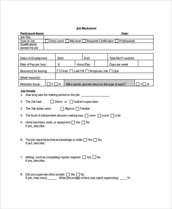 job worksheet pdf