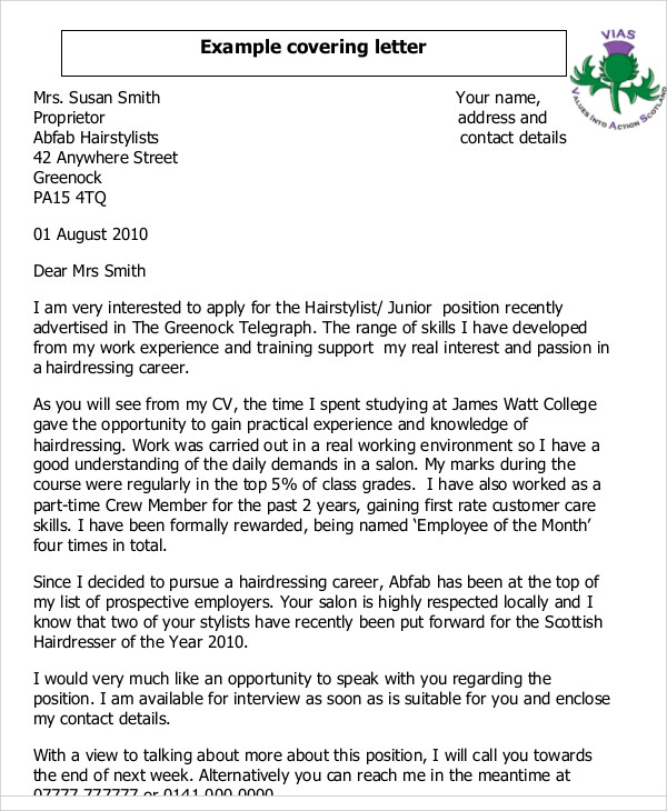 cover letter for apprentice hairdresser sample