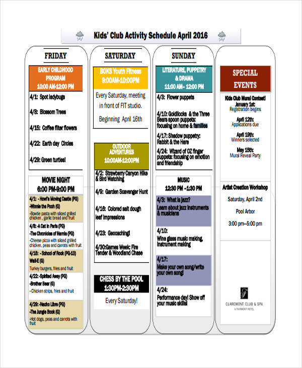 kids activity schedule example