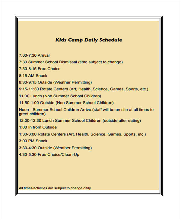 samples of kid daily schedule templates