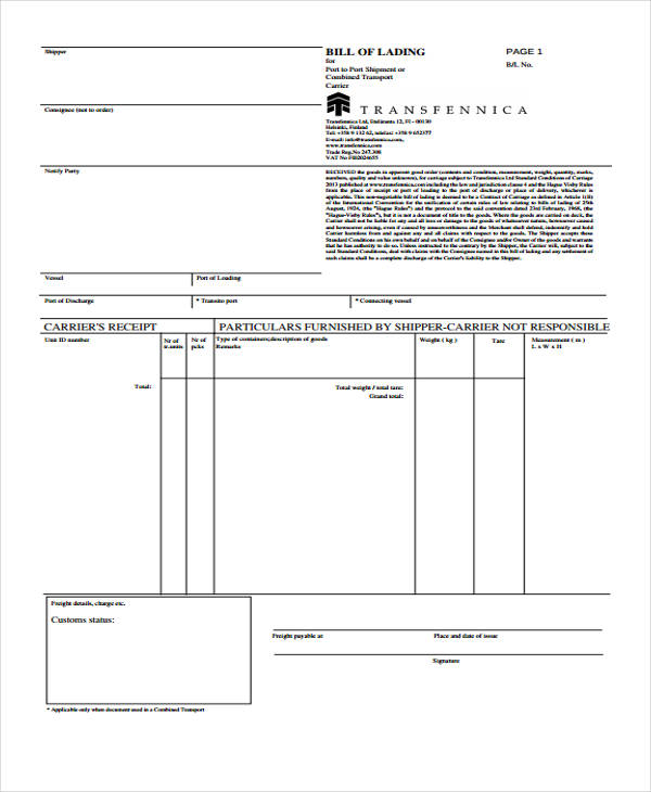 lading bill receipt template