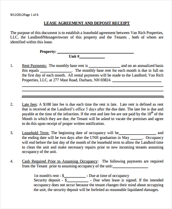 9 lease receipt templates free sample example format download