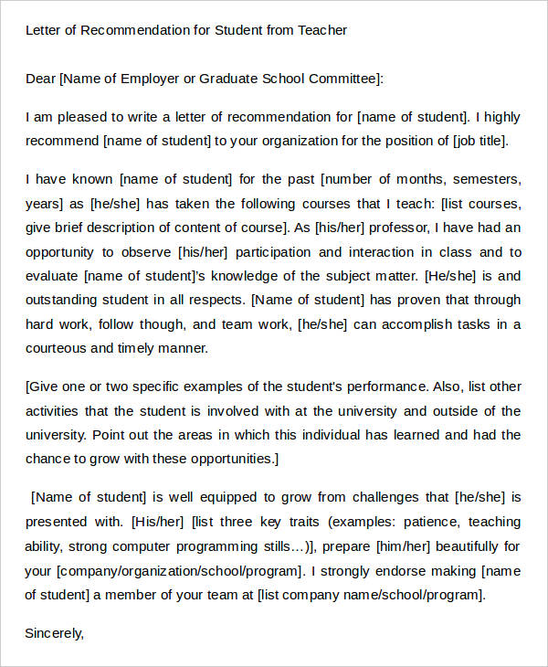 letter of recommendation template for student from teacher