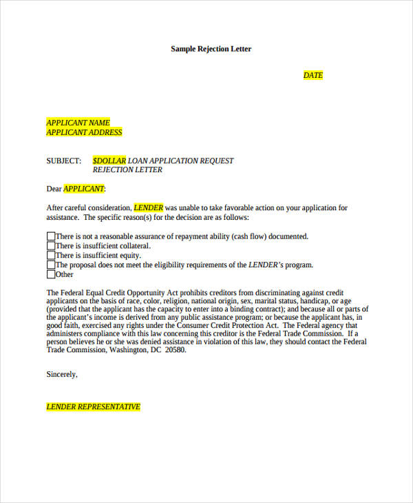 10+ Application Rejection Letter - Free Sample, Example format Download