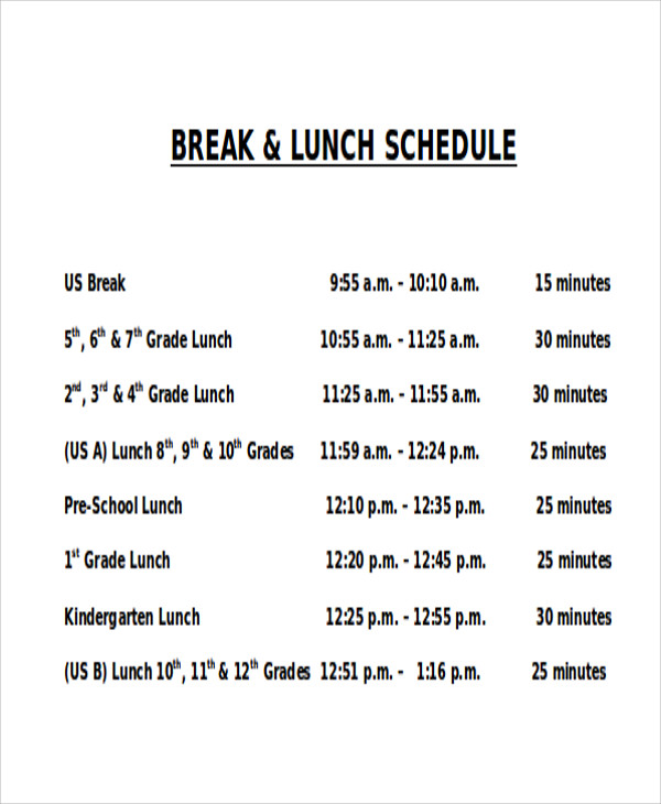 Lunch And Break Schedule Template TUTORE ORG Master Of Documents