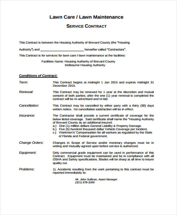 10 Lawn Service Contract Templates, Free Landscape Maintenance Contract Template Word