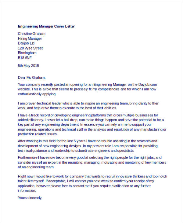 engineering manager cover letter examples