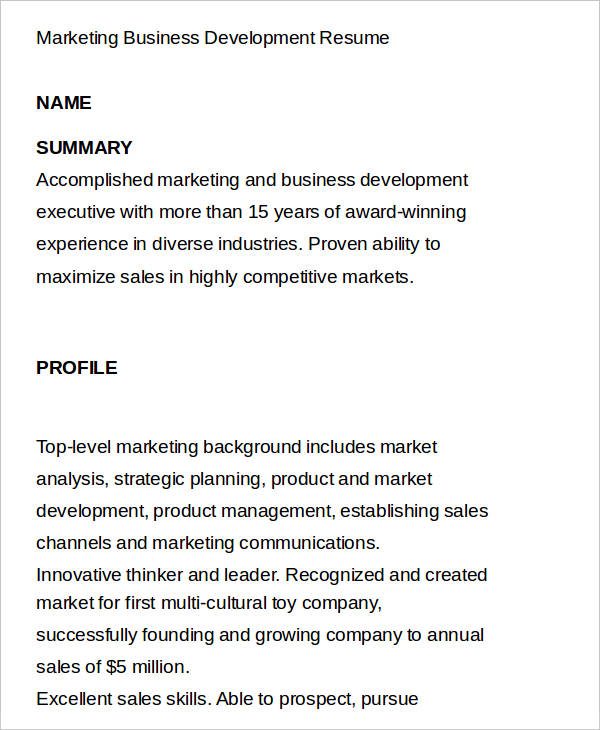 marketing business development resume
