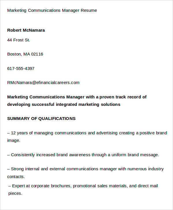 marketing communications manager resume