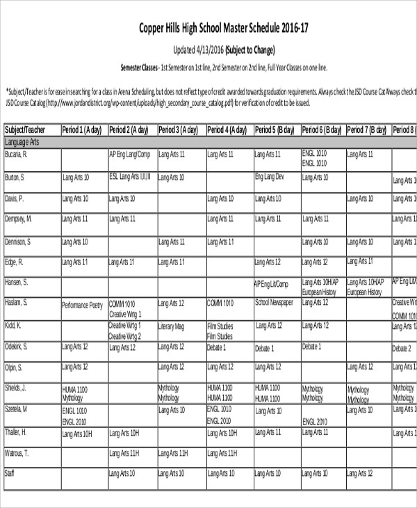 Master Schedule Templates 11 Free Samples Examples Format Download