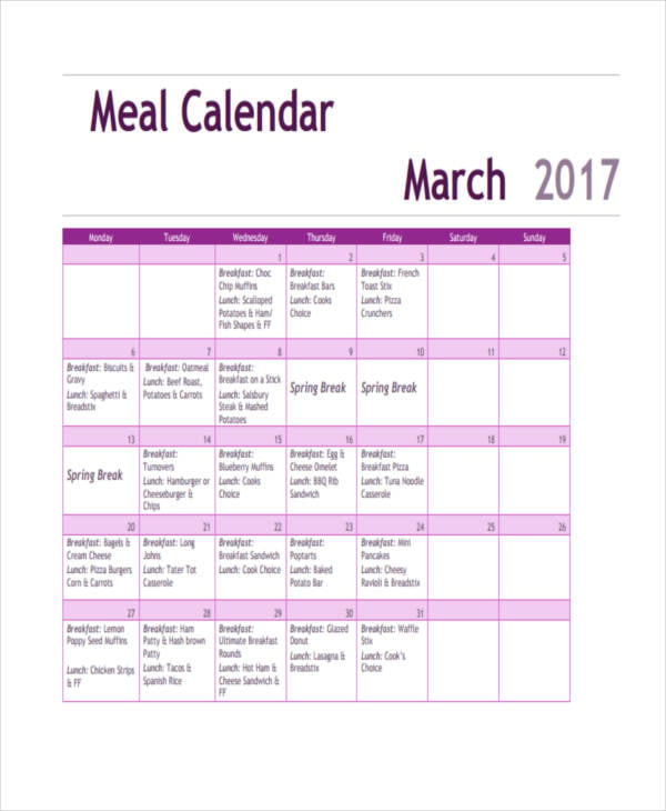 meal calendar in pdf