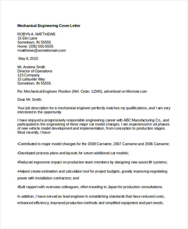 cover letter example for mechanical engineering job