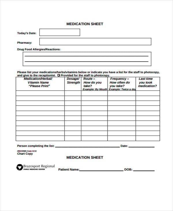 medication sheet template