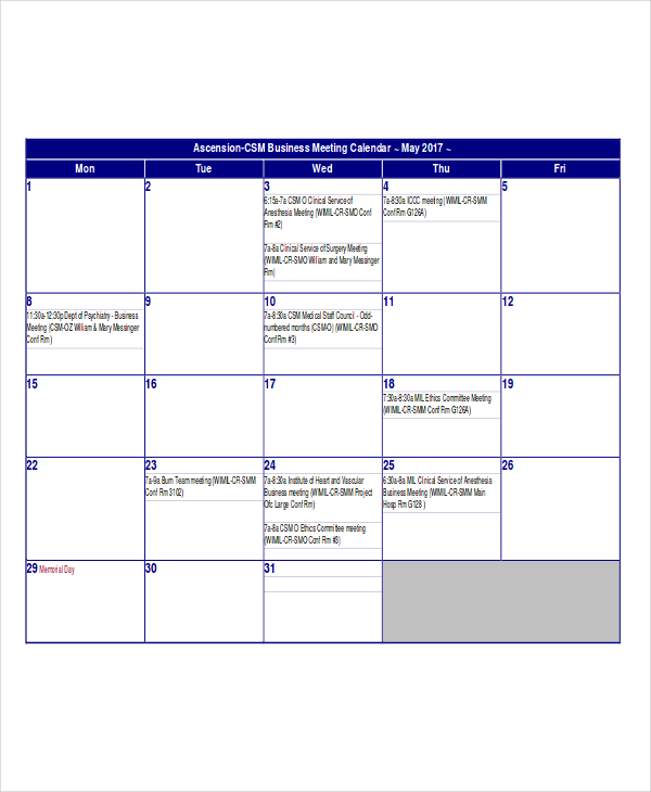 Business Calendar Template Business Calendar Template