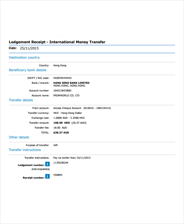 8+ Transfer Receipt Templates Free Samples, Examples Format Download