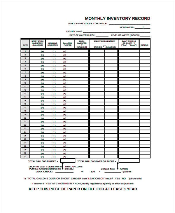 monthly inventory worksheet