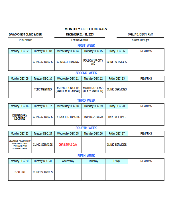 23  Itinerary Templates in Excel