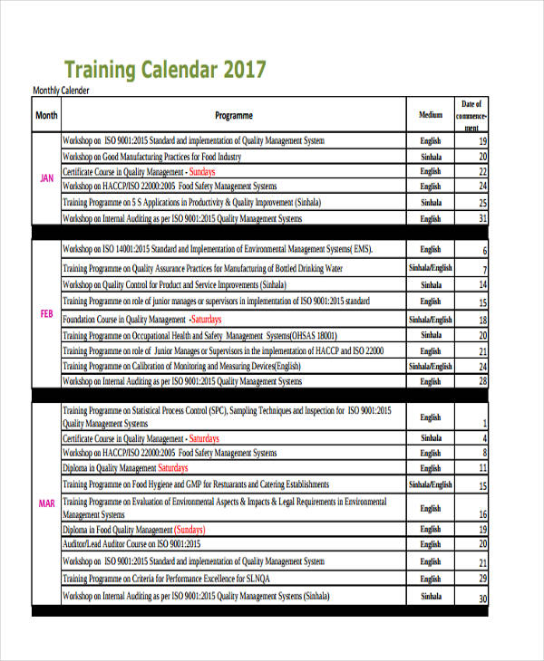 Monthly Training Calendar Template 2017 EOUA Blog