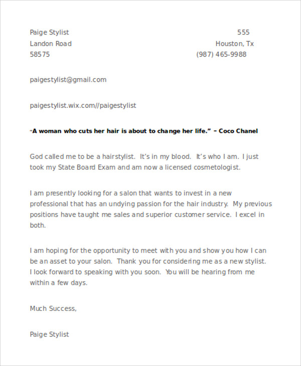 8+ Hair Stylist Cover Letter Templates -Sample ,Example ...