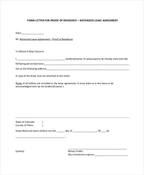notarized letter proof of residency income