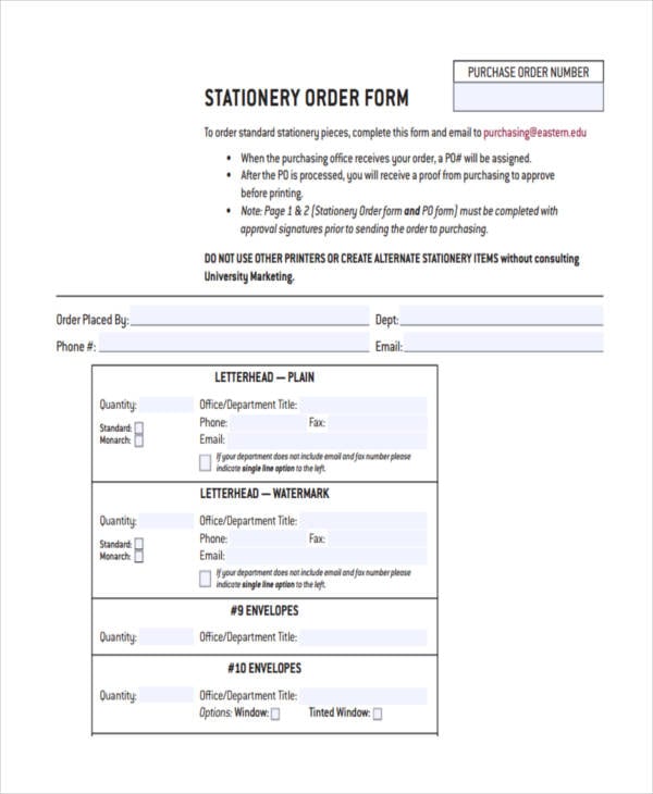 office stationary order sample