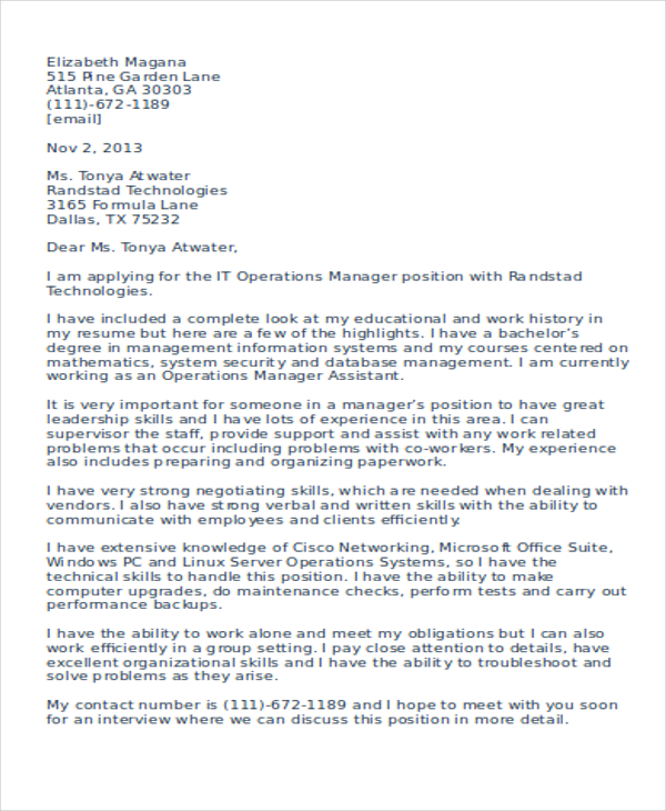 11+ IT Manager Cover Letter Word, PDF