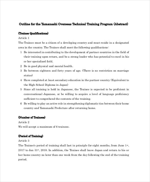 outline for technical training