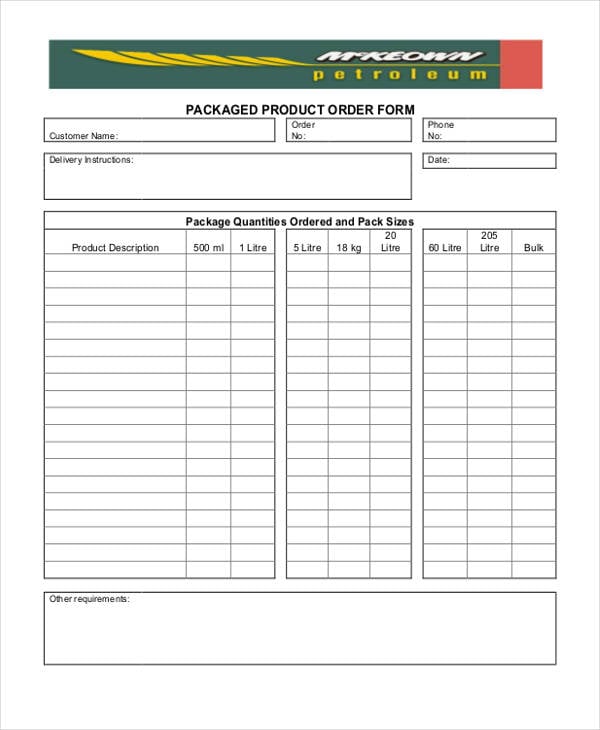 packaged product order template