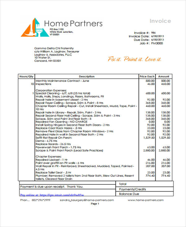 painters invoice sample