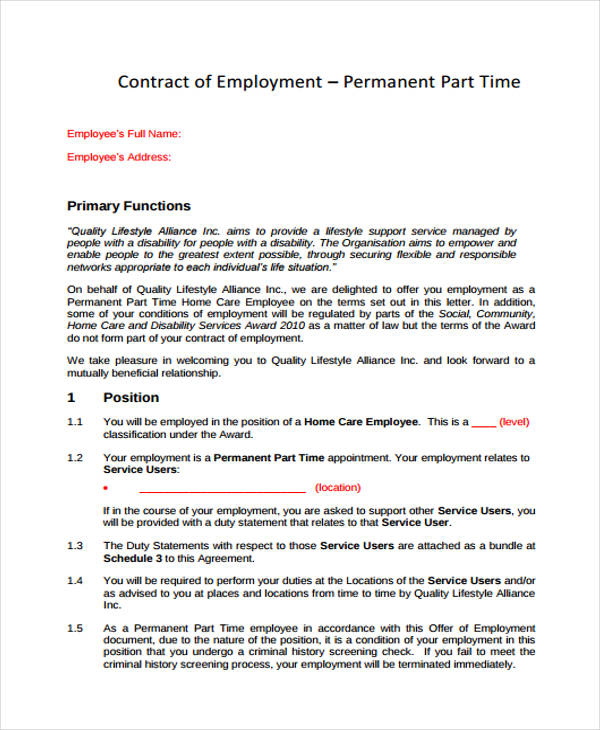 Part Time Employment Agreement Template HQ Printable Documents