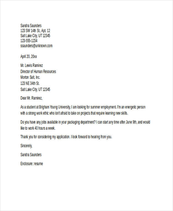 Summer Job Cover Letter 9+ Free Word, PDF Format