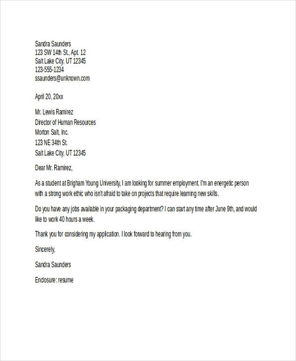 cover letter examples for summer job