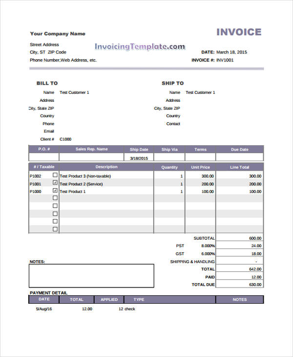 Sample Payment Invoice Template