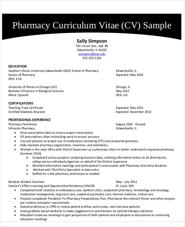 9  pharmacist curriculum vitae templates