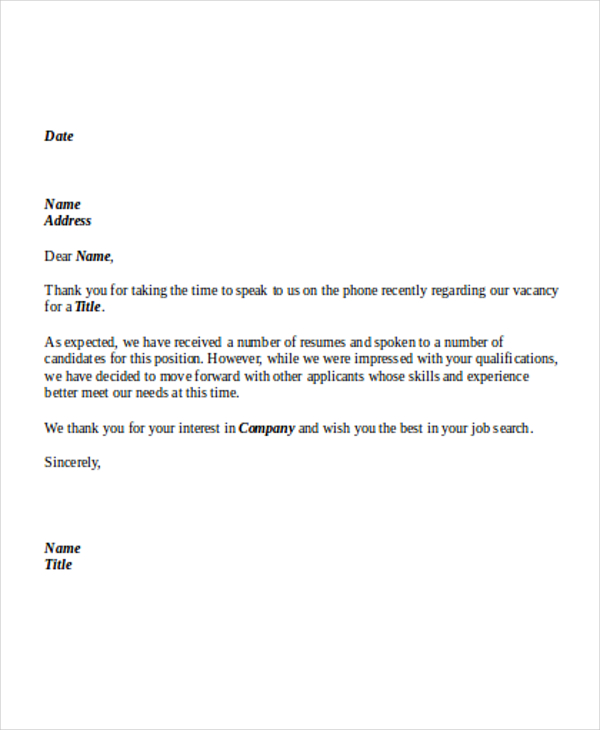 phone interview rejection letter