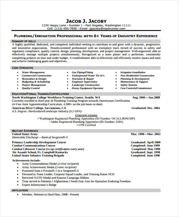 plumbing resume examples australia